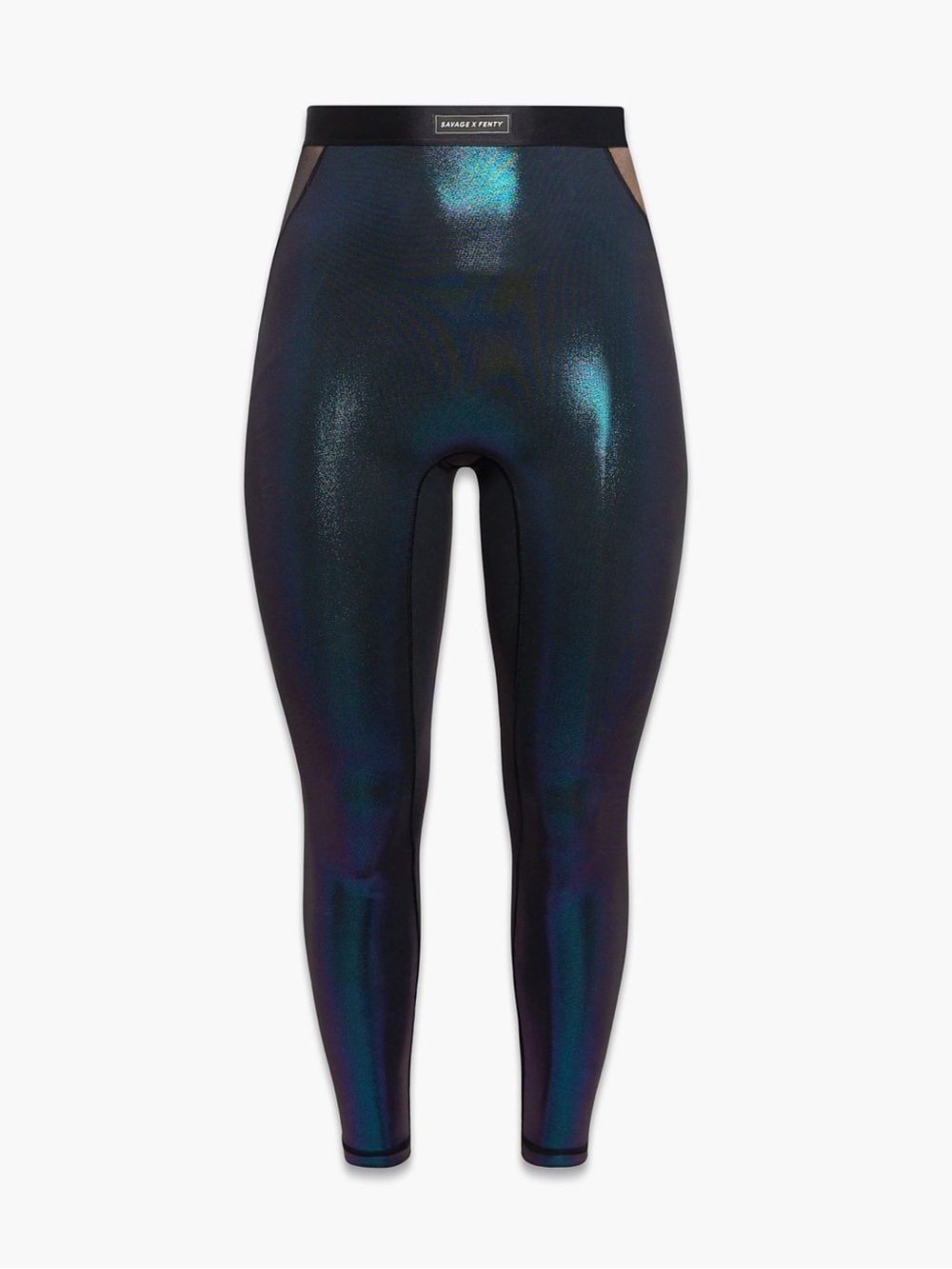 Savage X Fenty Fast Lane Iridescent High-Waist Leggings — Black/Blue Oil Silk L